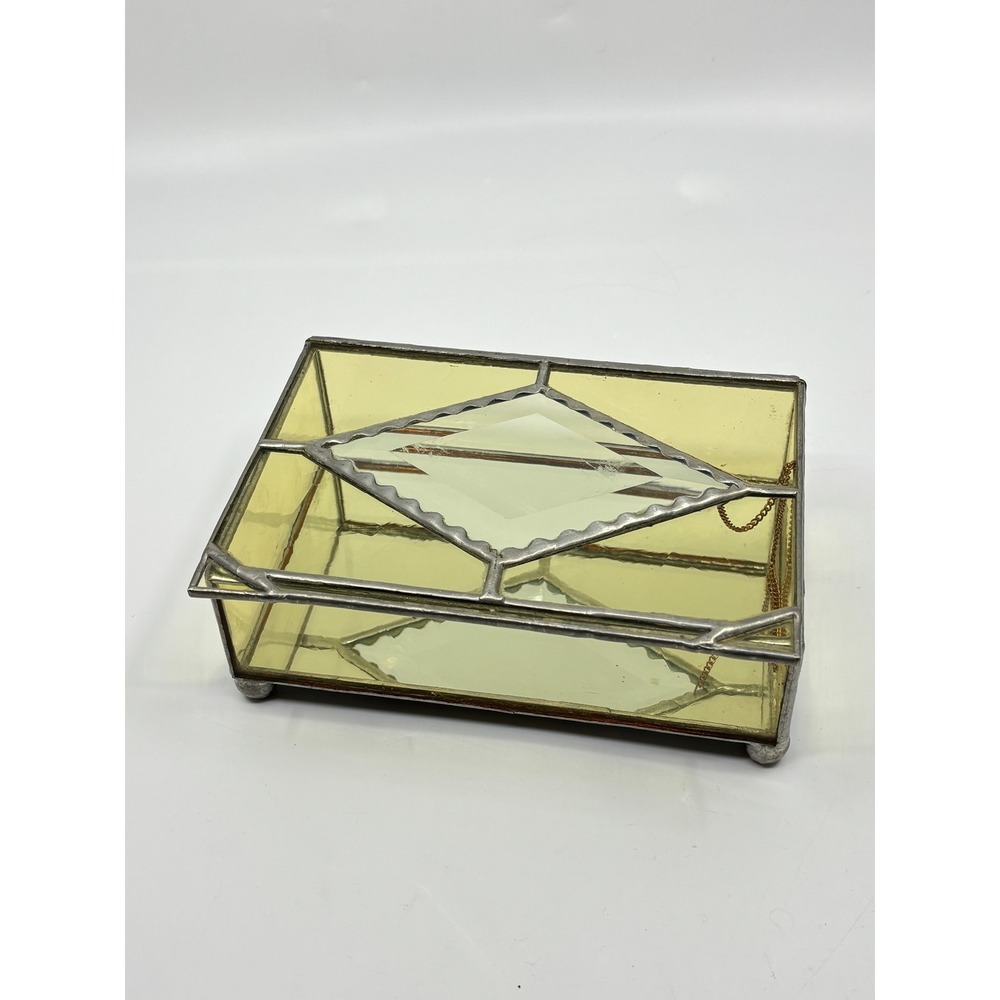 Vintage Stained Glass Jewelry Box Yellow Beveled Diamond Mirrored Bottom